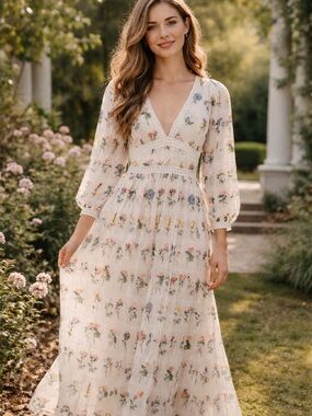Anthropologie Cream Maxi Dress with Multicolor Floral Print with pockets ✨